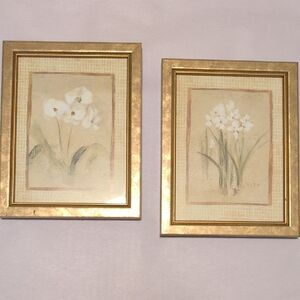 Gold Framed Vintage Cherie Blum Mini Whites Floral Art Prints Made in USA